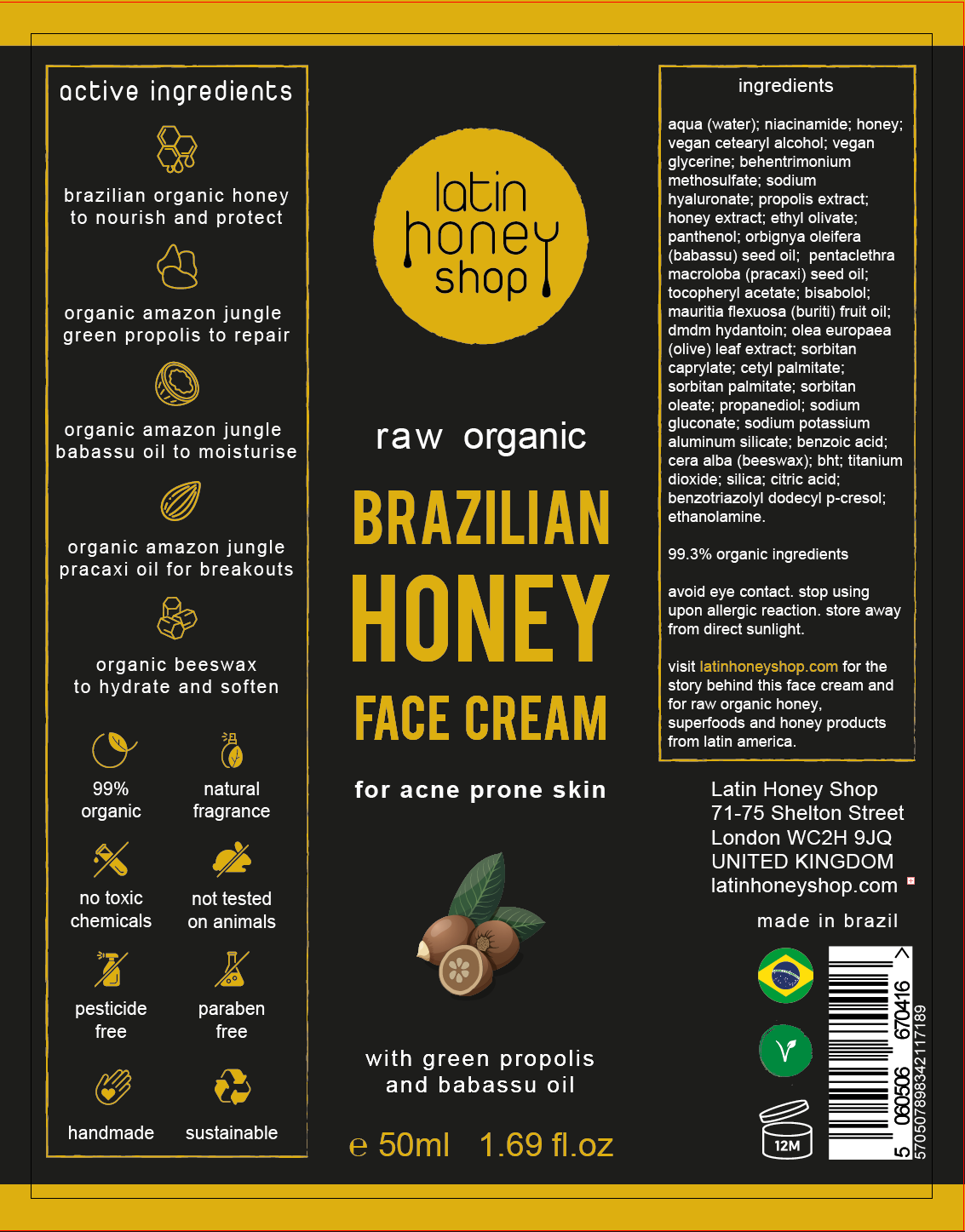 NEW Raw Organic Brazilian Honey Face Cream For Acne - 50ml